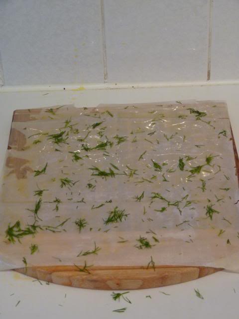 On a work surface lay out the Filo Pastry and wash the edges with melted butter then sprinkle some chopped Dill over the filo sheet. Wash every other whole sheet of pastry with egg yolk or melted butter but add chopped Dill to each sheet.Six sheets is more then enough.